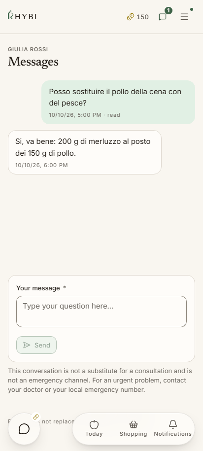 The conversation between patient and nutritionist inside Rhybi.