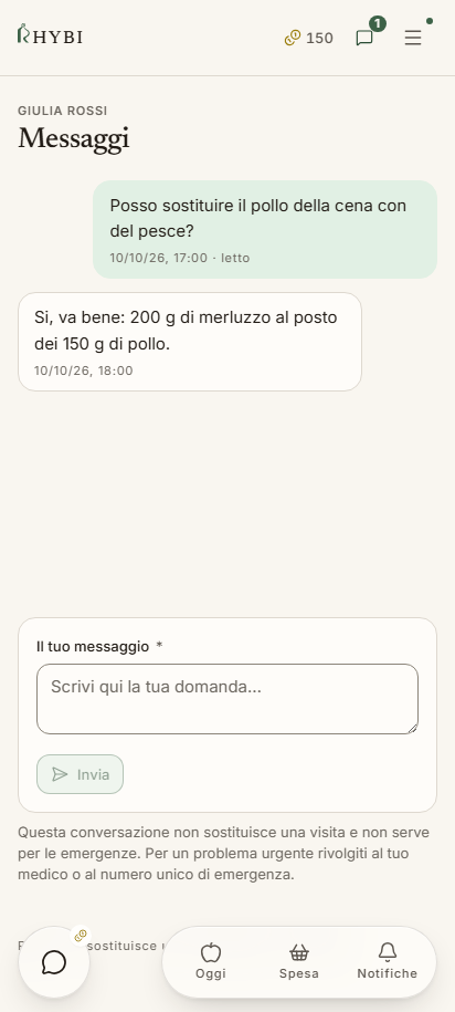 La conversazione fra paziente e nutrizionista dentro Rhybi.