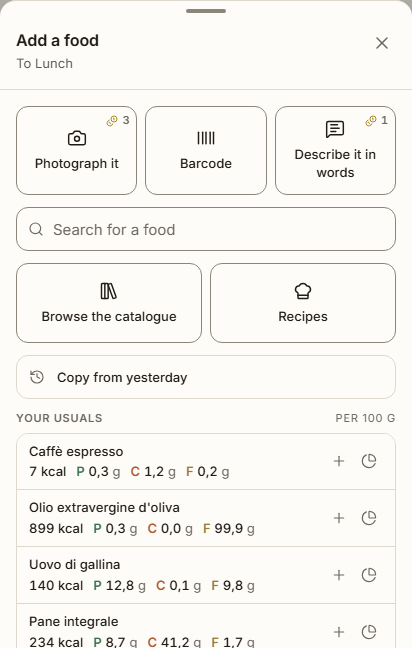 The Rhybi panel for adding a food: photo, barcode, or a sentence.