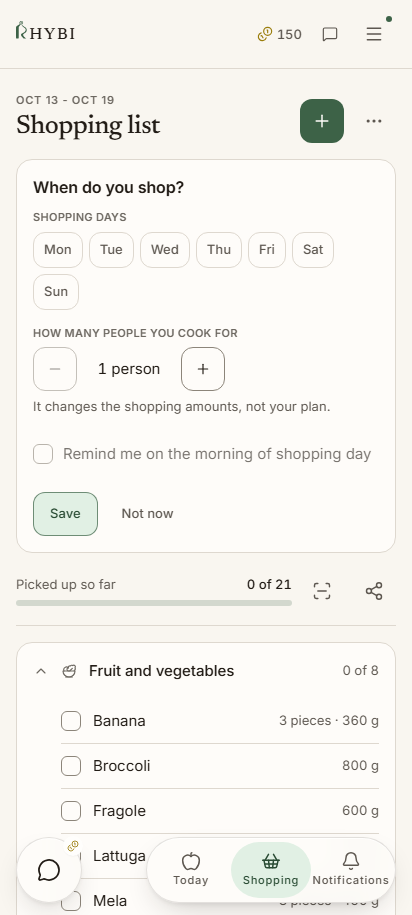 The Rhybi shopping list, grouped by aisle.