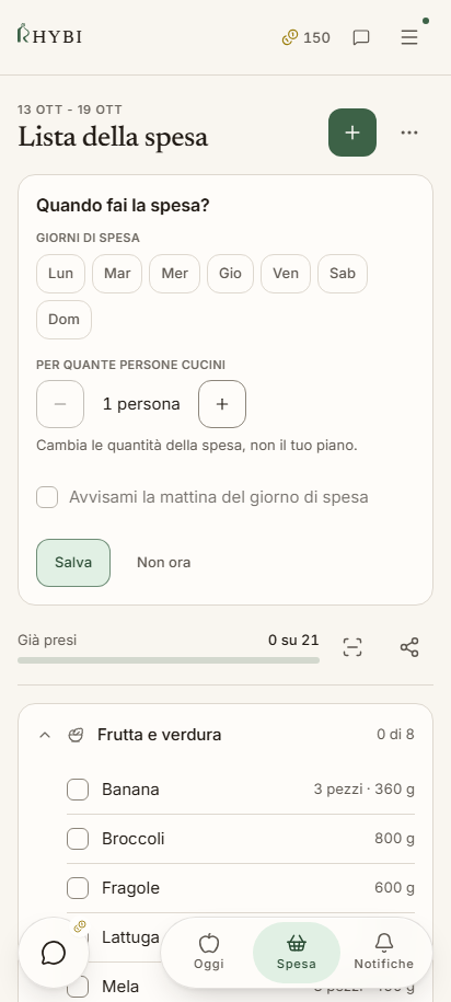 La lista della spesa di Rhybi, divisa per reparto.